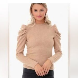 Pomander Place Tuckernuck Puff Pearl Sleeve Sweater in Tan
